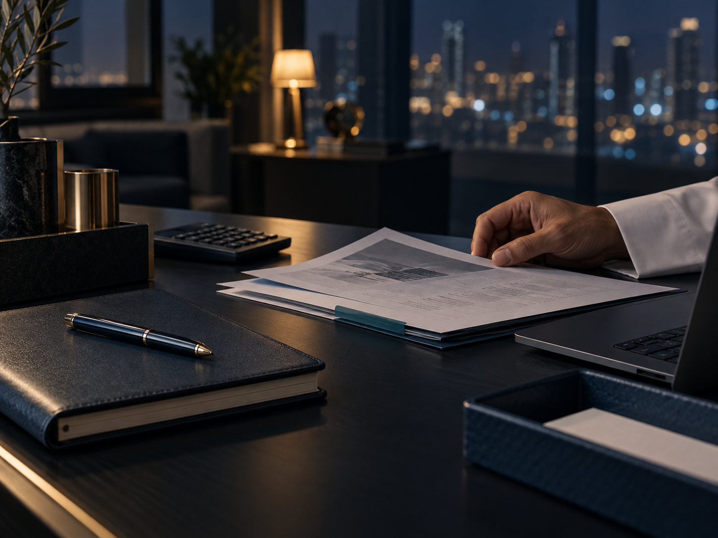 مكتب مالي أنيق مع مستندات تخطيط ودفتر وقلم