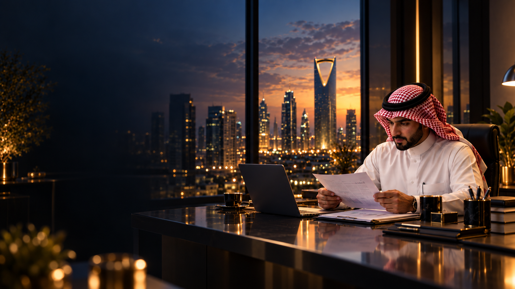 مستشار سعودي يراجع مستندات مالية في مكتب يطل على أفق الرياض عند الغروب